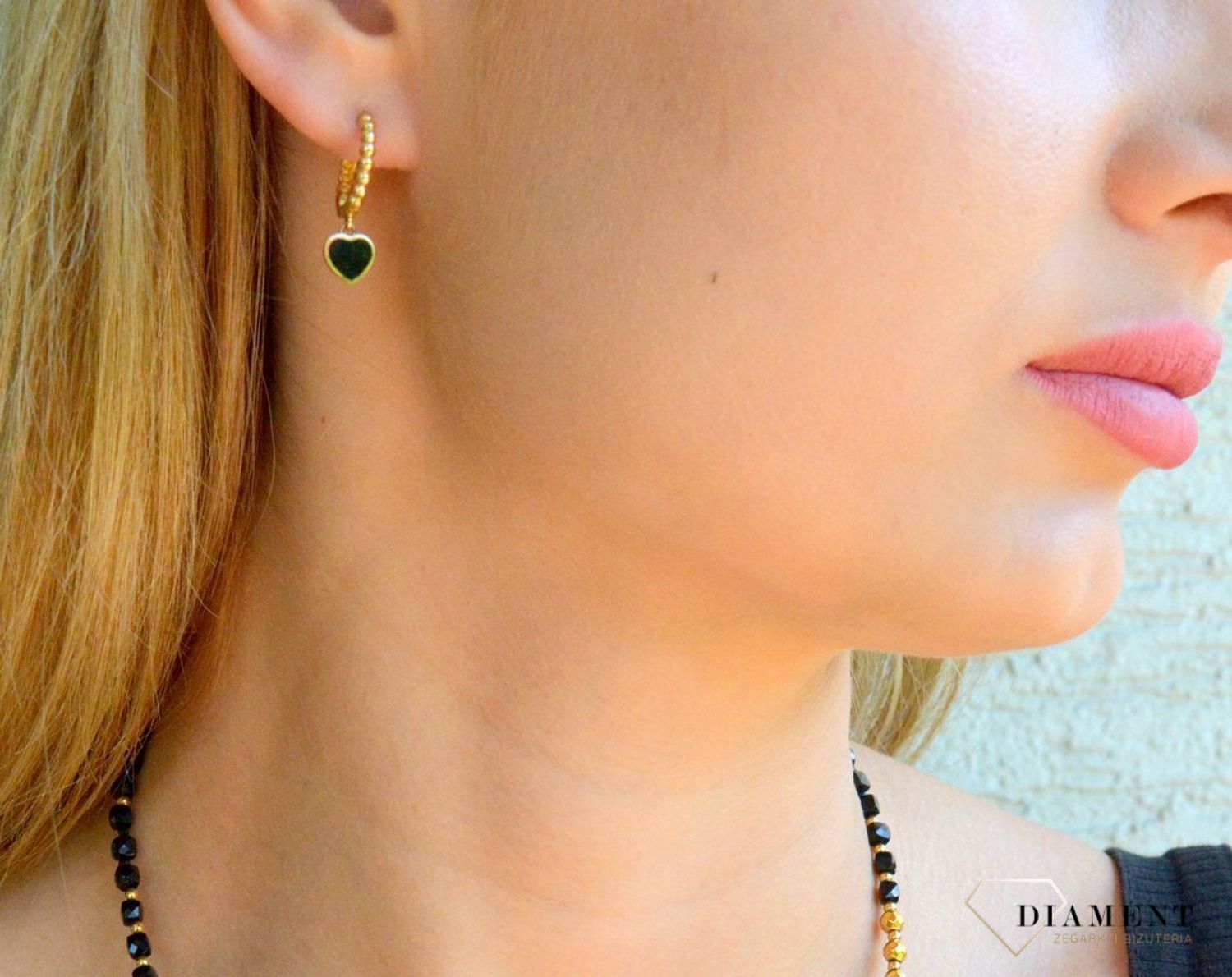 Złote kolczyki damskie 585 czarne serduszka KL 11858.jpg